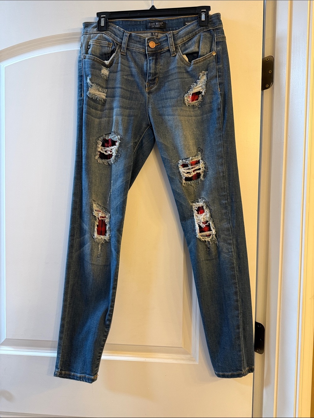 Judy Blue Blue Skinny Jeans with Red Patch Rips
